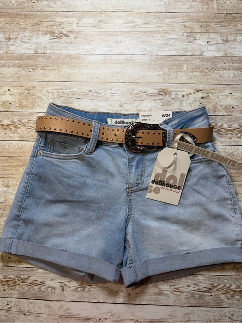 Waist 24 Dollhouse Light Blue High-Rise Denim Shorts with Tan Studded Belt